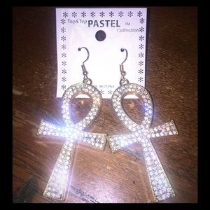 Gold Ankh Earrings with Clear Rhine Stones